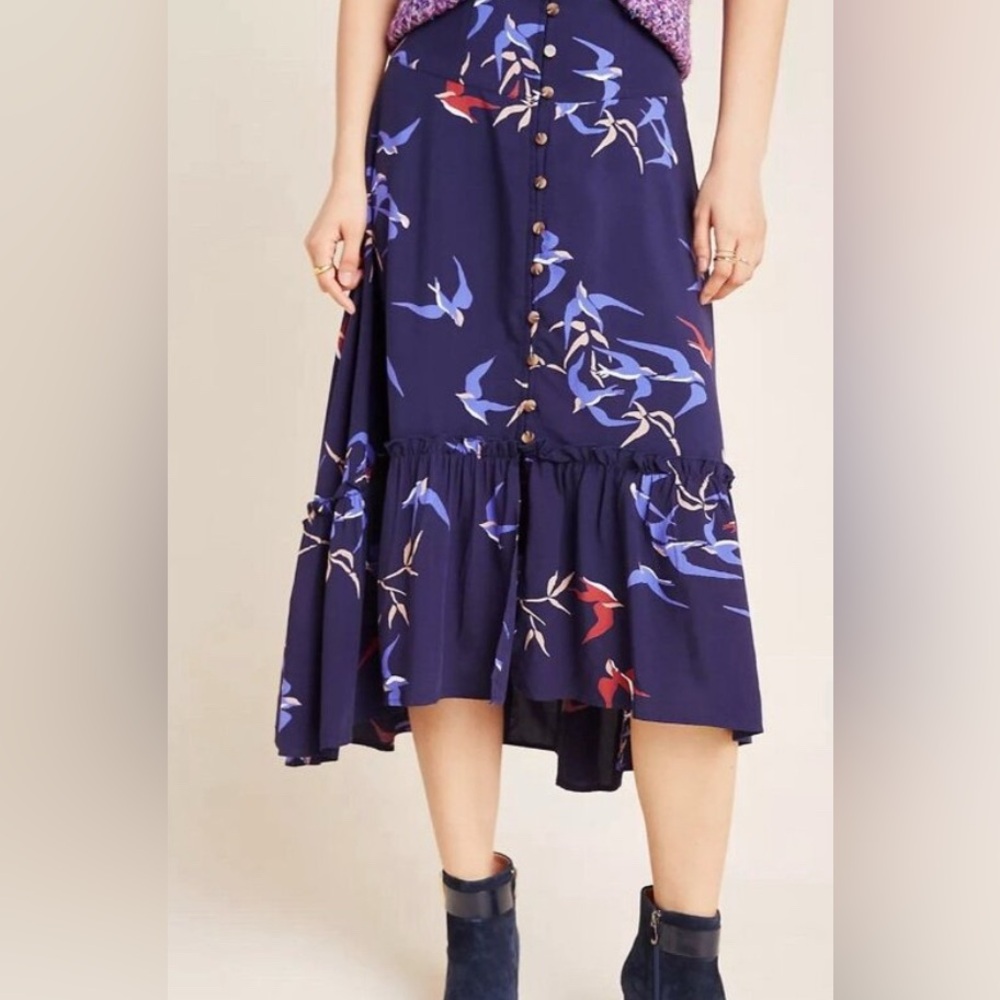 Anthropologie Maeve Merida Skirt Navy Blue Prairie Ruffle Sz 0 Petite